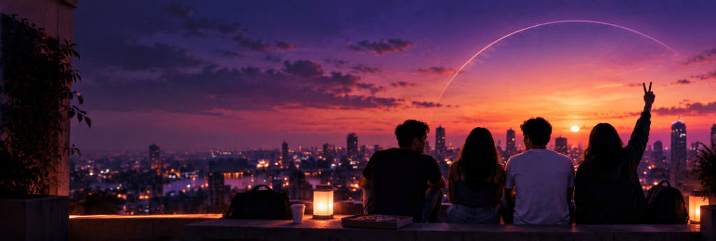 Friends gathering on rooftop overlooking city at sunset